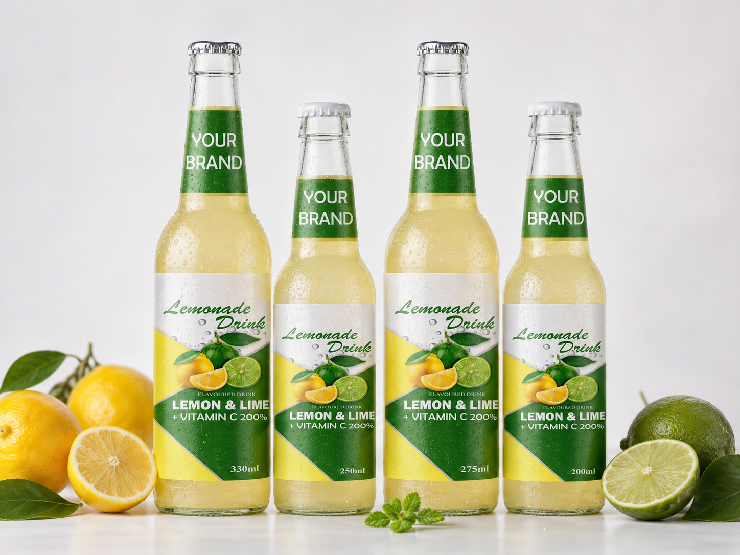 LEMONADE DRINK Lemon and Lime flavored drink available in 330ml, 250ml, 275ml, and 200ml glass bottles.